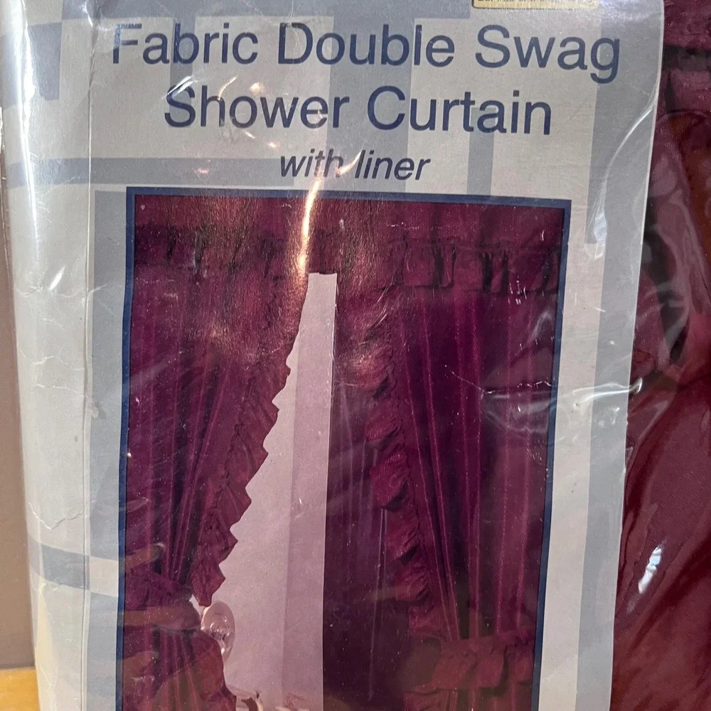 Vtg Style Burgundy Fabric Double Swag Shower Curtain Set Valance Liner 70x72